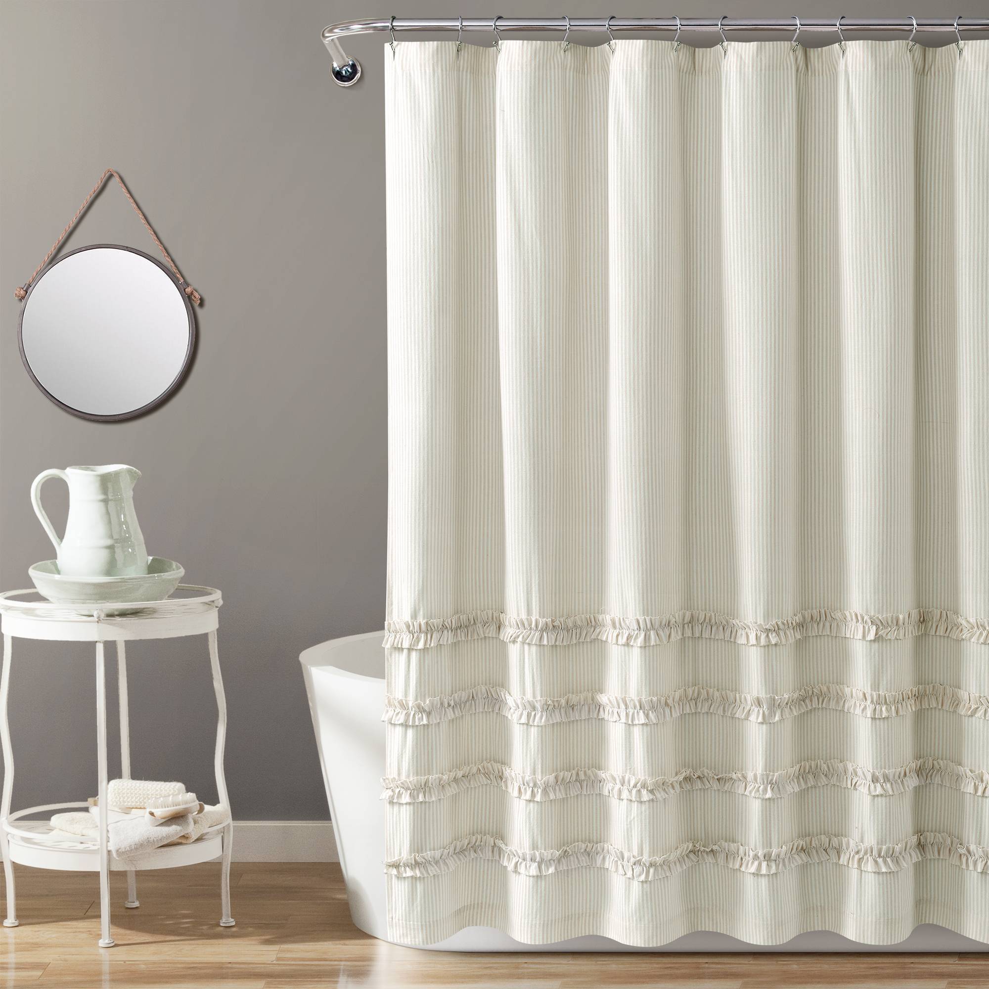 Vintage Stripe Yarn Dyed Cotton Shower Curtain Neutral/White - Lush Décor: Bathroom Accessory, Buttonhole Top