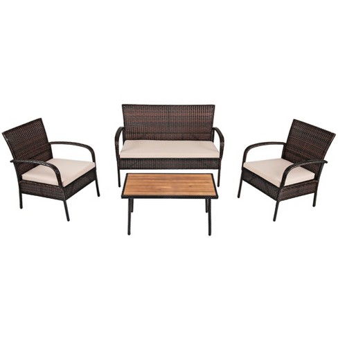 Costway Patio 4pcs Acacia Wood Conversation Table & Chair Set Hand-Woven  Rope Outdoor