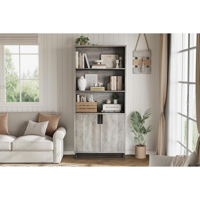 5 Tier Bookcase with Adjustable Shelves and Doors, Tall Bookshelf w/Metal Legs, Rustic Bookcase for Living Room Apartment Office