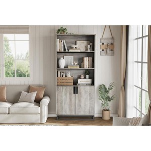 5 Tier Bookcase with Adjustable Shelves and Doors, Tall Bookshelf w/Metal Legs, Rustic Bookcase for Living Room Apartment Office - 1 of 1