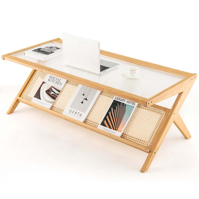 Costway Bamboo Coffee Table 48'' 2-Tier Glass Tabletop Handwoven Rattan Storage Shelf, 1 of 11