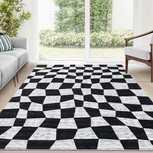 Washable Modern Checkered Area Rug | Stain Resistant Soft Geometric Throw Rug | Non-Slip Low Pile Accent Carpet for Living Room, Dining, Nursery - 1 of 4