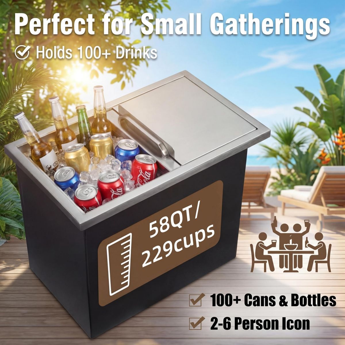Drop-In Ice Chest 58 Qt, Stainless Steel Ice Bin with Lid & Drain Pipe, Insulated Outdoor Cooler for Bar & Kitchen - thumbnail 7