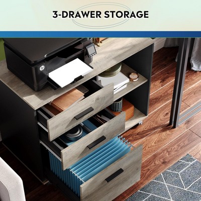 Greige 3-Drawer Wood Mobile Filing Cabinet with Open Shelves