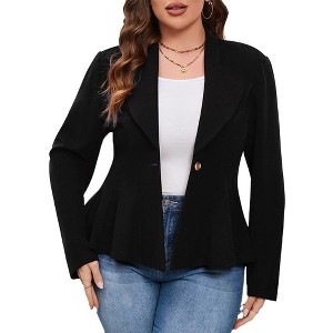 Womens Plus Size Blazzer Open Front Peplum Jacket Long Sleeve Button Open Front Office Work Business Casual Lapel Blazer Jacket - 1 of 4