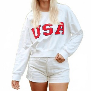 Women's Embroidered Usa Cropped Sweatshirt - day + moon - 1 of 4