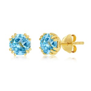 Simona Sterling Silver 'March Birthstone' 6mm Round, Gold Plated Stud Earrings - Created Aquamarine - Aqua - 1 of 2
