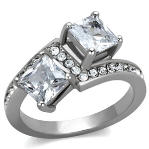 Slickblue Women’s Silver Ring, Two Square CZ Stones with Asymmetrical Top and Pave Band, Steel Finish, Size 5–10 - 1 of 4