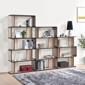 Kings Brand Furniture Nathan 3-Piece Bookcase Set with 3-Tier, 4-Tier & 5-Tier Shelves, Modern Oak/Black Wooden Display & Storage Organizer - 1 of 4