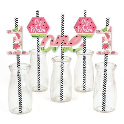 Big Dot of Happiness 1st Birthday One in a Melon - Paper Straw Decor - Fruit First Birthday Party Striped Decorative Straws - Set of 24
