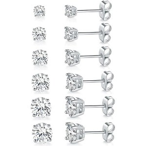 6-Pair Cubic Zirconia Stud Earrings - 18K White Gold Plated, 4-Prong Round CZ Studs for Women - 1 of 4