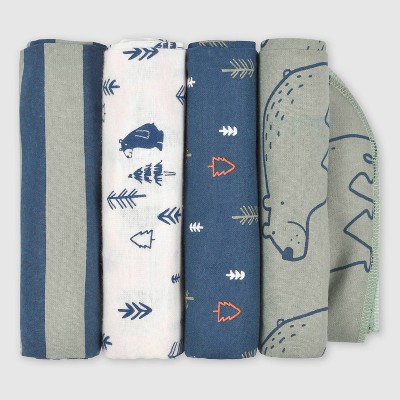 Gerber Baby Boys' 4pk Bear Flannel Blanket - White/Forest Green/Navy Blue