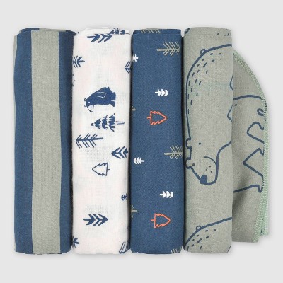 Image of Gerber Baby Boys' 4pk Bear Flannel Blanket - White/Forest Green/Navy Blue