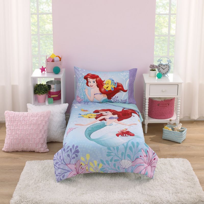 Disney The Little Mermaid Be Fearless Aqua, Lavender, and Orange Ariel 4 Piece Toddler Bed Set, 1 of 9