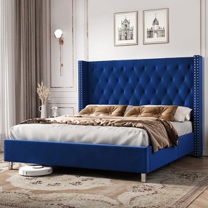 Bed Frame Upholstered Bed Wingback Headboard Velvet Tufted Diamond Button - 1 of 4