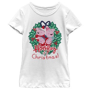 Girl's Peppa Pig Hooray it's Christmas Wreath T-Shirt - 1 of 4