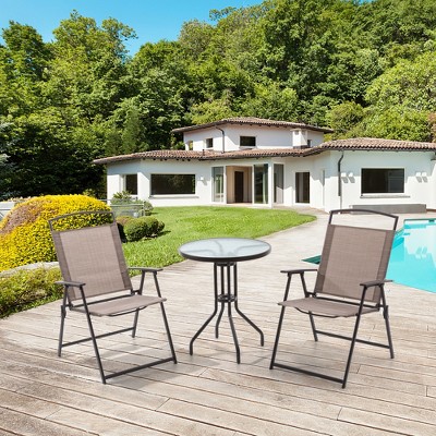Pellebant 3PCS Patio Dinning Set Outdoor Bistro Set 2 Folding Chairs with Round Textured Tempered Glass Tabletop Dining Table