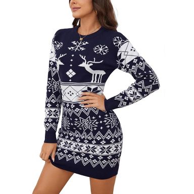 Coolmee Women's Fall Christmas Sweater Mini Dress Long Sleeve Crewneck Slim Fit Wrap Short Dress 2XL Royal Blue