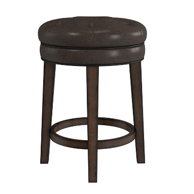 Classic Charcoal Gray Button-Tufted Leather Swivel Counter Stool