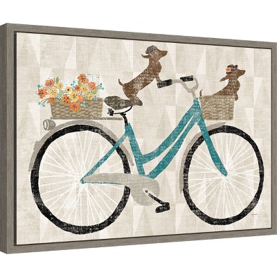 Doxie Ride VI Framed Canvas Print with Blue Bicycle