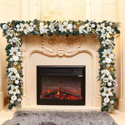 Christmas Garland with 20 Battery LED Lights, Pine Cones, Gold Leaves & Ornaments, Battery Operated Garland for Mantel,  Table