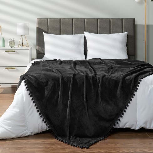Pavilia Fleece Pom Pom Blanket Throw For Sofa Bed Soft Lightweight Pompom Fringe Blanket For Couch Black twin 60x80 Target