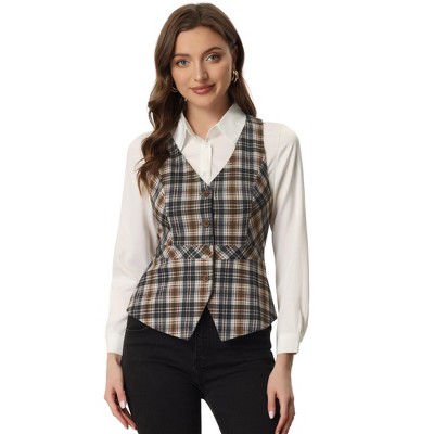Allegra K Women's Plaid V Neck Single Breasted Sleeveless Racerback Waistcoat