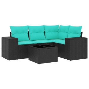 vidaXL 5 Piece Patio Sofa Set with Cushions Black Poly Rattan - Black and Blue With Table - 1 of 4