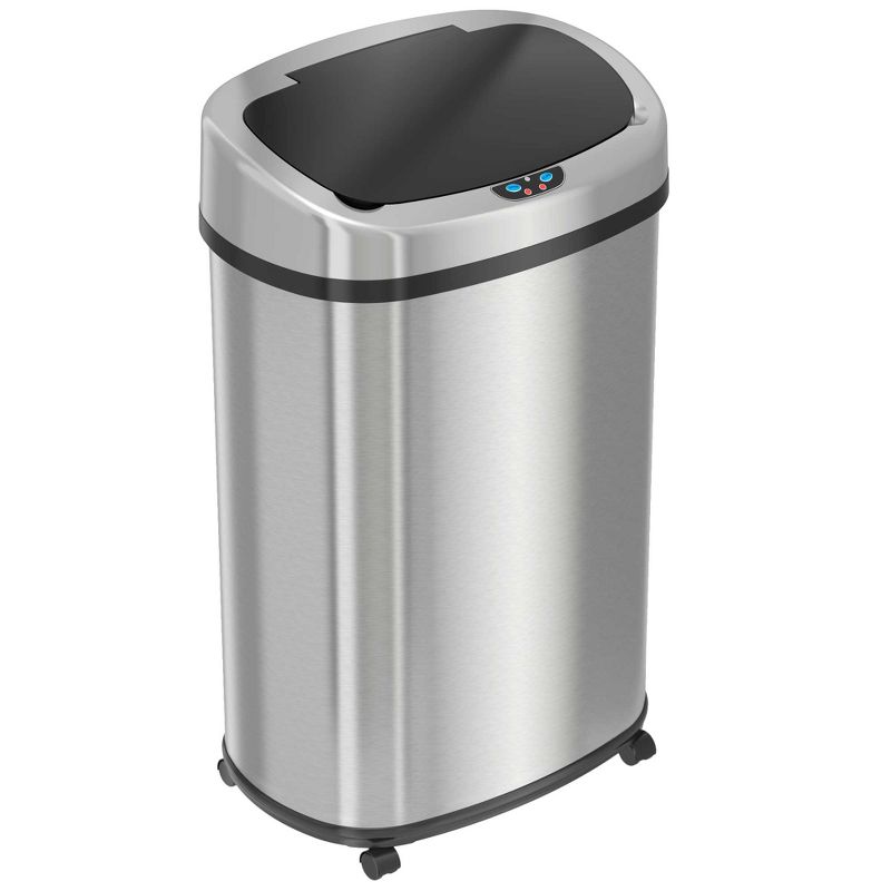 iTouchless Rolling Sensor Kitchen Trash Can with Wheels and AbsorbX Odor Filter Oval 13 Gallon Silver Stainless Steel, 1 of 7