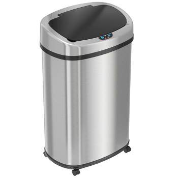 iTouchless Rolling Sensor Kitchen Trash Can with Wheels and AbsorbX Odor Filter Oval 13 Gallon Silver Stainless Steel