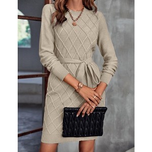 WhizMax Women's Knit Midi Dress Long Sleeve Crew neck Pullover Bodycon Dress Fall Winter Sweater Mini Dress Tie Waist - 1 of 4
