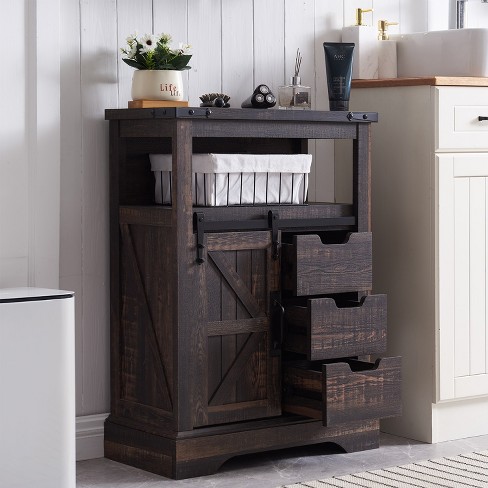 Okd Bathroom Floor Cabinets With Sliding Barn Door & 3 Drawers, Dark ...