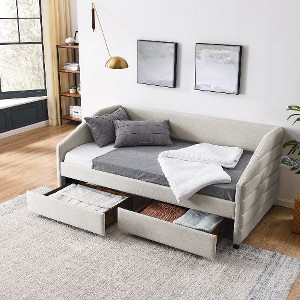 CAVINAS Bed Frame, Linen Fabric Daybed with 2 Drawers Trundle, Upholstered Tufted Sofa Bed - 1 of 4