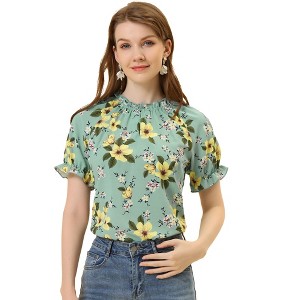 INSPIRE CHIC Women's Ruffled Short Sleeve Floral Mock Neck Summer Top - 1 of 4