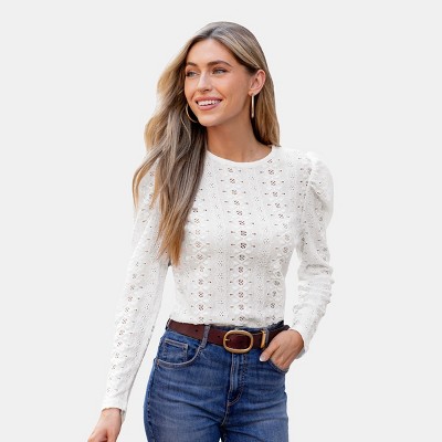 Women's Ivory Puff Shoulder Long Sleeve Perforated Top - Cupshe
