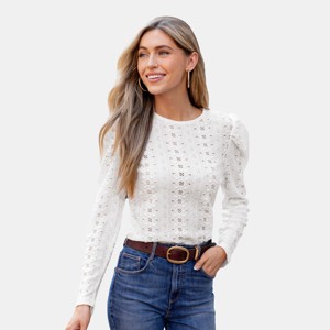 Women's Ivory Puff Shoulder Long Sleeve Perforated Top - Cupshe - 1 of 4