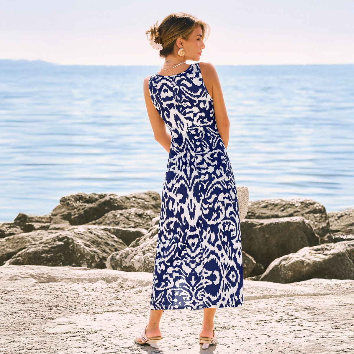 Женские платья Cupshe Women's Maxi Dress Flattering Side Slit Ikat Print-S-Blue — фото 2