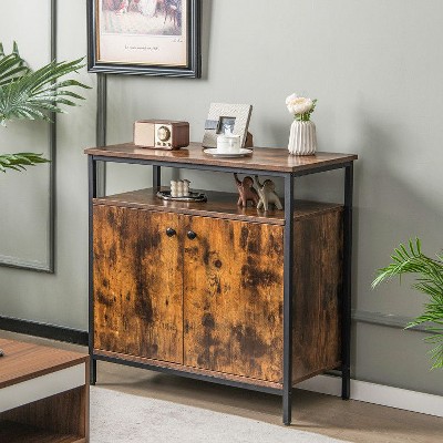 Yukimo 31.5" 2-Door Buffet Cabinet with Shelves and Cable Management Holes, Industrial Style Storage Cabinet
