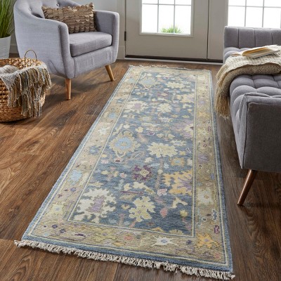 Karina Blue and Beige Floral Wool Runner Rug