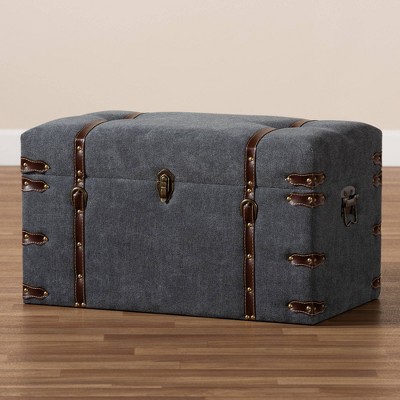 Palma Gray Fabric Upholstered Storage Trunk Ottoman with Brass Accents