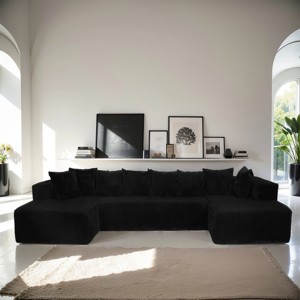 4-Seater Modular U-Shaped Sectional Sofa Striped Corduroy Chaise Lounge with Reversible Sofa for Living Room or Bedroom Couch-The Pop Home - 1 of 4