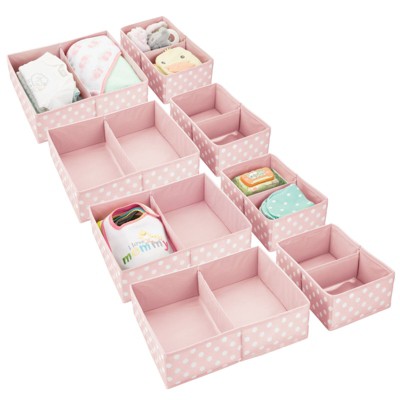 Image of mDesign Fabric Nursery Divided Drawer Storage Bin, 4 Pack, Pink/White Polka Dot
