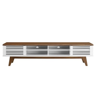 Walnut and White Mid-Century Modern 70" TV Stand with Sliding Doors