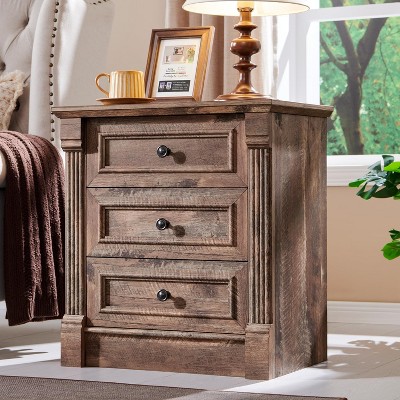 SinCiDo Farmhouse Nightstand w/ Charging Station 26" T Nightstand,23.6" W Roman Column Design,3 Drawer Storage Dresser w/ Metal Handles
