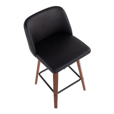 Set of 2 Black Faux Leather and Walnut Wood Swivel Barstools
