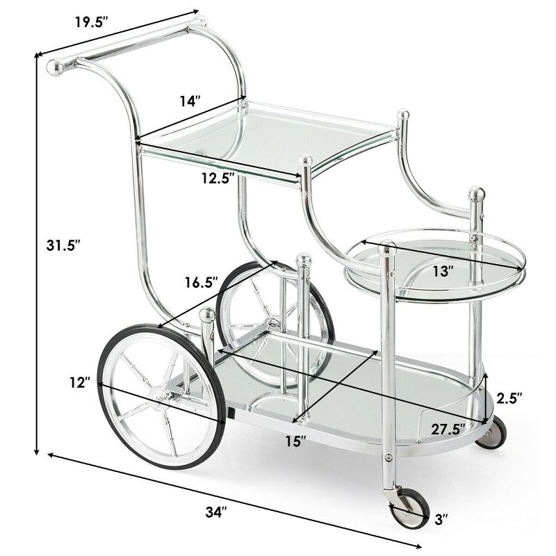 Costway Kitchen Cart  Tea Cart Glass Shelves & Metal Frame with Wheels, 3 of 11