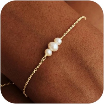 Gold Bracelets for Women Trendy, 14K Real Gold Plated Dainty Stackable Pearl Snake Chain CZ Heart Pendant Bracelets Adjustable 6"+2"