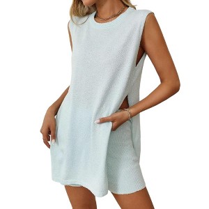 Women's 2 Pieces Set Summer Outfits Sleeveless Crew Neck Side Slit Top Loungewear and Elastic Waist Shorts Lounge Pajama - 1 of 4