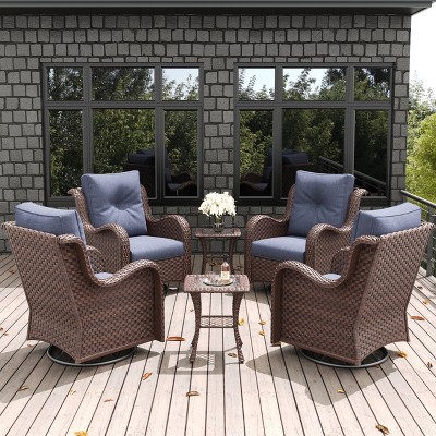 LayinSun Outdoor Patio Furniture Set, Brown Rattan Wicker Sectional Swivel Rocker Chairs Sets with Ottomans, Swivel Glider Chair