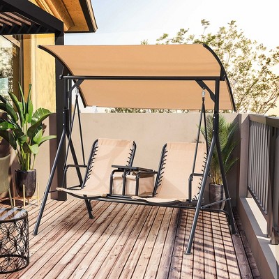 VisioGear 2-Seat Patio Swing Chair with Storage Table, Cup Holder, Adjustable Shade, Outdoor Canopy Swing Glider, Beige, 69.25"*43.25"*64.5"